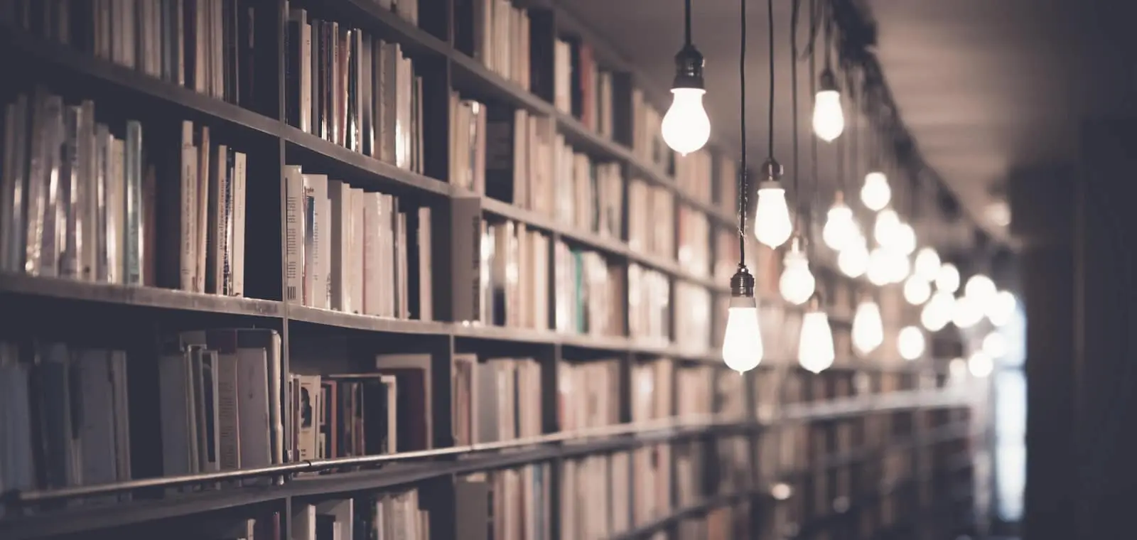 Estanterías de una biblioteca en penumbra vistas en perspectiva